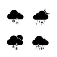 Weather forecast glyph icons set. Light snow, night thunderstorm, scattered snow, sleet weather. Silhouette symbols. Vector isolated illustration