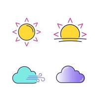 conjunto de iconos de colores de pronóstico del tiempo. sol, amanecer, atardecer, clima nublado y ventoso, nube. ilustraciones de vectores aislados