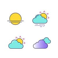 Weather forecast color icons set. Sunrise, sunset, partly cloudy and windy weather, clouds. Isolated vector illustrations