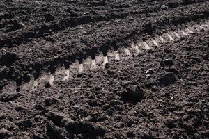 Cultivated plowed soil with rows and tractor footprint. Agricultural background texture photo