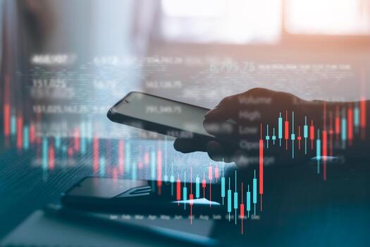 Businessman working in modern office, technical price chart and red and green candlestick chart indicator and computer screen background for stock trading, double exposure Traders analyze data. photo