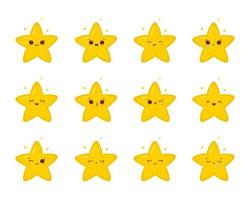 Set of kawaii twinkle stars. Collection of cute stars emoji with different face emotions. Vector illustration