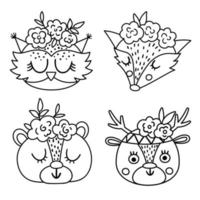 Set of vector cute wild animal black and white faces with flowers on their heads. Boho forest avatars collection. Funny line illustration of owl, bear, deer, fox for kids. Woodland icons pack