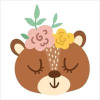 Vector cute wild animal face with flowers on head and closed eyes. Boho forest avatar. Funny bear illustration for kids. Woodland icon isolated on white background.