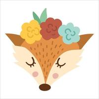 Vector cute wild animal face with flowers on head and closed eyes. Boho forest avatar. Funny fox illustration for kids. Woodland icon isolated on white background.