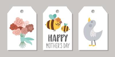 Cute set of Mothers day price tag templates with cute baby and mother bumblebee, gosling, flowers bouquet. Vector holiday card designs. Shop badge or label with family love concept.