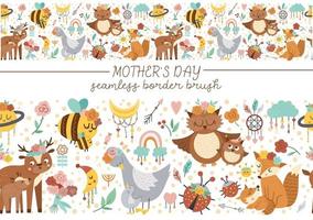 Vector horizontal seamless border with Mothers day characters and elements. Repeating brush with cute forest baby animals and parents showing family love. Funny boho style holiday pattern.