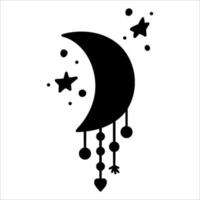 Vector boho crescent silhouette with pendants. Bohemian black horizontal half moon icon isolated on white background. Celestial ornate shadow illustration with stars.