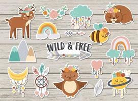 Vector set of wild and free stickers. Collection of cute characters and objects with ethnic nature concept. Funny animals, rainbow, mountains on wooden background. Boho patches pack