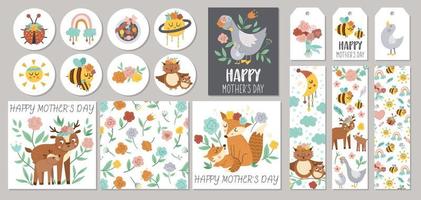 Cute set of Mothers day sale cards with cute forest baby animals and parents. Vector square, round, horizontal, vertical print templates. Holiday designs for tags, postcards, sale, scrapbooking.