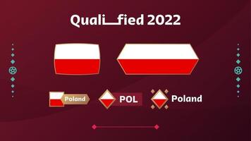 conjunto de bandera de polonia y texto sobre el fondo del torneo de fútbol de 2022. patrón de fútbol de ilustración vectorial para banner, tarjeta, sitio web. bandera nacional polonia vector