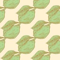 Seamless pattern engraved lemon on branch with leaves. Vintage background lime growing on twig in hand drawn style. vector