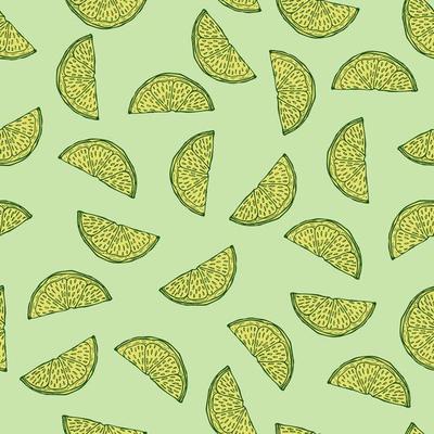 Seamless pattern engraved slice lemon. Vintage background piece lemon or lime in hand drawn style.