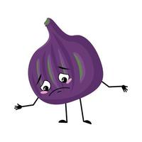 Fig character with sad emotions, depressed face, down eyes, arms and legs. Person with melancholy expression, violet fruit emoticon. Vector flat illustration