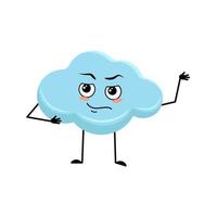 Cute cloud character with emotions of hero, brave face, arms and leg. Person with courage expression and pose. Vector flat illustration