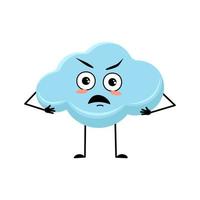 Cute cloud character with angry emotions, grumpy face, furious eyes, arms and legs. Person with annoyed expression and pose. Vector flat illustration