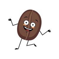 Coffee bean character with crazy happy emotion, joyful face, smile eyes, arms and legs. Person with expression, food emoticon and dancing pose. Vector flat illustration