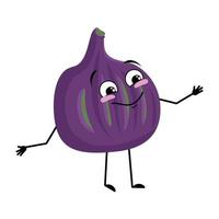 personaje de higo con emoción feliz, cara alegre, ojos sonrientes, brazos y piernas. persona con expresión, emoticono de fruta violeta. ilustración plana vectorial vector