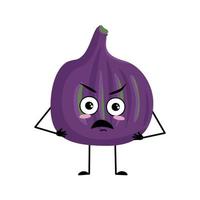 Fig character with angry emotions, grumpy face, furious eyes, arms and legs. Person with irritated expression, violet fruit emoticon. Vector flat illustration