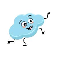 Cute cloud character with happy emotion, joyful face, smile eyes, arms and legs. Person with funny expression and pose. Vector flat illustration