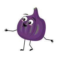 personaje de higo con emoción feliz, cara alegre, ojos sonrientes, brazos y piernas. persona con expresión, emoticono de fruta violeta. ilustración plana vectorial vector