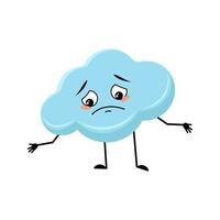 Cute cloud character with sad emotions, depressed face, down eyes, arms and legs. Person with melancholy expression and pose. Vector flat illustration