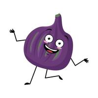 Fig character with crazy happy emotion, joyful face, smile eyes, arms and legs. Person with funny expression, violet fruit emoticon. Vector flat illustration