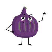 personaje de higo con emociones de héroe, rostro valiente, brazos y piernas. persona con expresión de coraje, emoticono de fruta violeta. ilustración plana vectorial vector