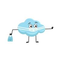 Cloud character with face in medical mask and keep distance, hands with shopping bag and stop gesture. Person with care expression. Vector flat illustration