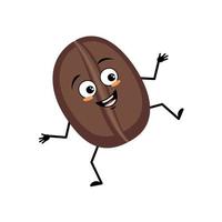 Coffee bean character with happy emotion, joyful face, smile eyes, arms and legs. Person with expression, food emoticon. Vector flat illustration