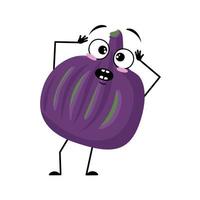 Fig character with panic emotions, surprised face, shocked eyes, arms and legs. Person with scared expression, violet fruit emoticon. Vector flat illustration