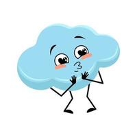 Cute cloud character with love emotions, happy face, smile, arms and legs. Person with happy expression and pose. Vector flat illustration