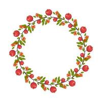 Round frame of pomegranate flowers and fruits. wreath with spring blooming composition with plants and leaves. Festive decoration for wedding, holiday, postcard and design. Vector flat illustration