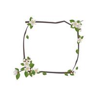 Square wreath of cherry or apple flowers. Frame with white flowers. Spring blooming composition with buds and leaves. Festive decoration for wedding, holiday, postcard and design. Vector illustration