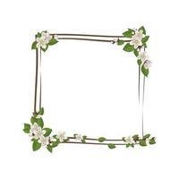Square wreath of cherry or apple. Frame with white flowers. Spring blooming composition with buds and leaves. Festive decoration for wedding, holiday, postcard and design. Vector flat illustration