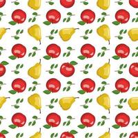 Seamless pattern with yellow pear and red apple. Print from whole healthy fruits. Background from sweet food for diet. Vector flat illustration