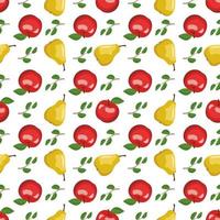 Seamless pattern with yellow pear and red apple. Print from whole healthy fruits. Background from sweet food for diet. Vector flat illustration