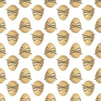 Happy Easter seamless pattern with eggs. Print of the Christian Spring Holiday. Festive decoration drawn in black and gold colour with abstract elements on white background. Vector flat illustration