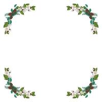 marco de flores blancas de cerezo o manzana con agujas y conos de abeto. composición de flores de primavera con hojas. decoración festiva para bodas, vacaciones y postales. ilustración plana vectorial vector