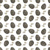 Happy Easter seamless pattern with eggs. Print of the Christian Spring Holiday. Festive decoration drawn in black and gold colour with abstract elements on white background. Vector flat illustration