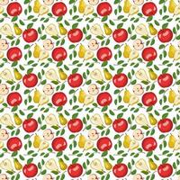 Seamless pattern with yellow pear and red apple. Print from whole healthy fruits. Background from sweet food for diet. Vector flat illustration
