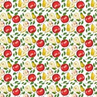 Seamless pattern with yellow pear and red apple. Print from whole healthy fruits. Background from sweet food for diet. Vector flat illustration