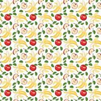 Seamless pattern with yellow banana and red apple. Print from whole healthy fruits. Background from sweet food for diet. Vector flat illustration