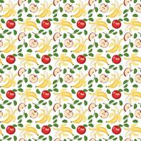 Seamless pattern with yellow banana and red apple. Print from whole healthy fruits. Background from sweet food for diet. Vector flat illustration