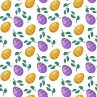 Happy Easter seamless pattern with bright eggs and leaves. Symbol of Christian Spring Holiday. Festive decoration with abstract elements and palm branch on white background. Vector flat illustration