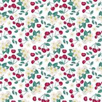 Cherry berry seamless pattern with leaves and flowers, print on white background. Vector flat illustration with different red and green elements for spring and summer