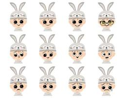 Avatar of boy with big eyes and wide happy smile in cute rabbit hat with long ears. Head of child with joyful face for holiday Easter, New Year or carnival costume for party. Vector flat illustration