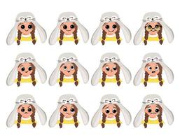 Set of girl avatar with big eyes and wide smile and different emotions in rabbit hat. Head of child with joyful face for holiday Easter, carnival costume for party. Vector flat illustration