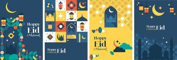 Eid Mubarak poster and wallpaper design. Islamic greeting card template. Media banner set vector illustrations.