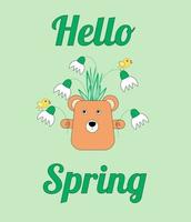 Cute spring card with snowdrops, birds and a vase in the form of a bear. Vector flat illustration.